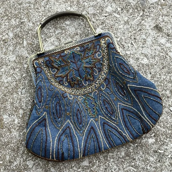 Western Turquoise Beaded Denim Victorian Style Chain Strap Handbag - Picture 4 of 8